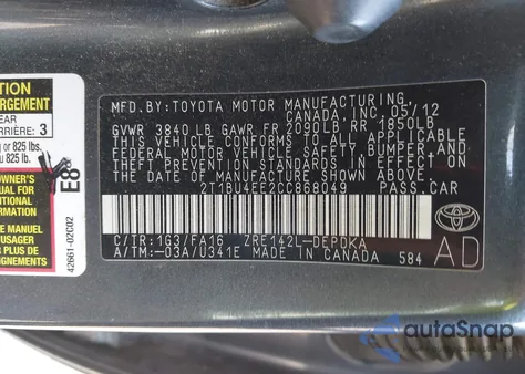 2012 Toyota Corolla L from USA, damaged, VIN 2T1BU4EE2CC868049